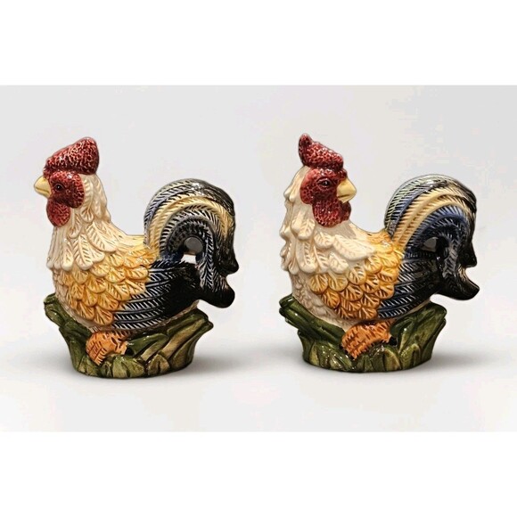 🧂 Vintage Jay Imports Glazed Ceramic Farmhouse Roosters Salt/Pepper Shaker Set - Picture 4 of 8